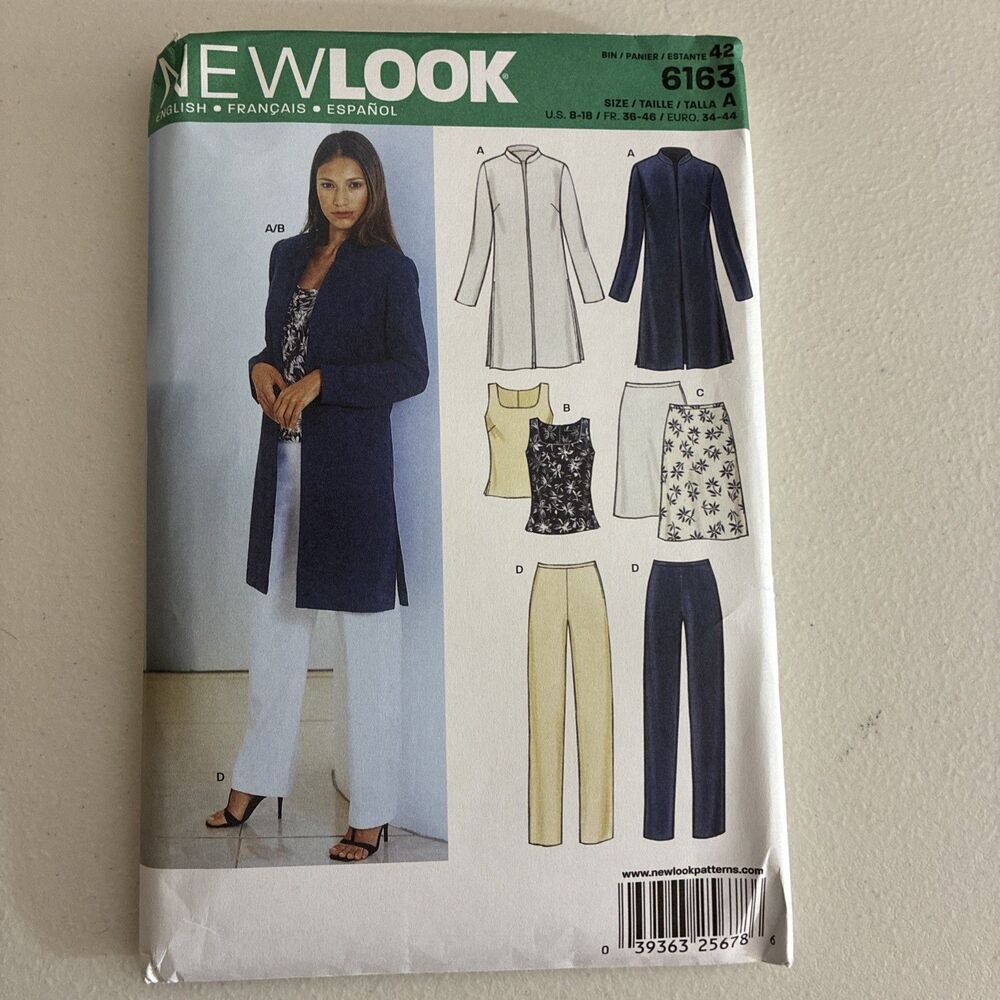 New Look 6163, Sewing Pattern, Jacket Top Skirt Pants, Size 8-18, Uncut, FF